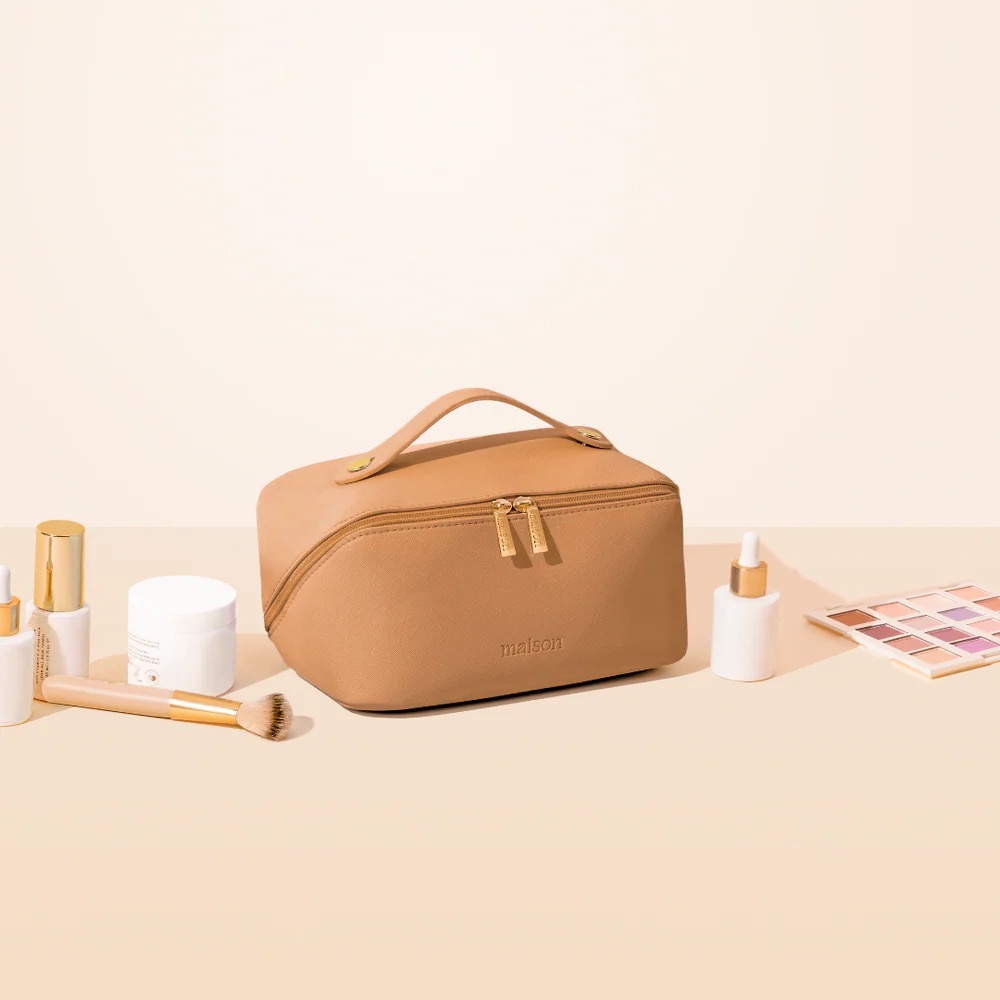 Maison Minimalist Camel Makeup Bag with Gold Zippers